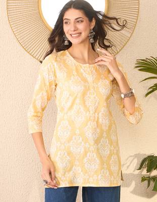 Women yellow cotton blend ethnic motifs printed regular top 5