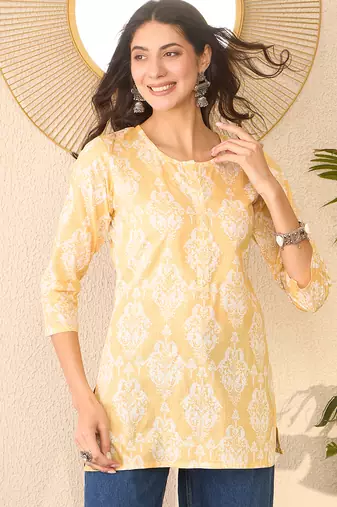 Women yellow cotton blend ethnic motifs printed regular top