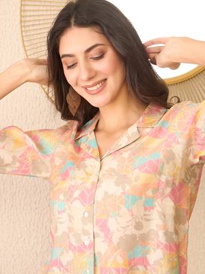 Women multi cotton blend abstract printed crop shirt style top 3