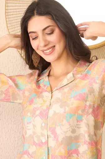 Women multi cotton blend abstract printed crop shirt style top