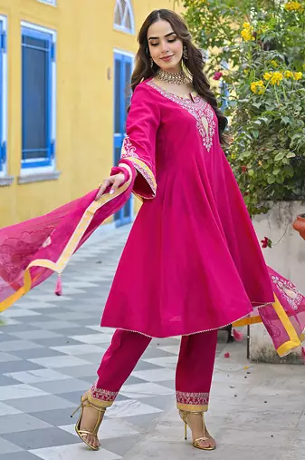 Women pink silk blend solid embroidered anarkali kurta salwar with dupatta