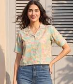 Women multi cotton blend abstract printed crop shirt style top