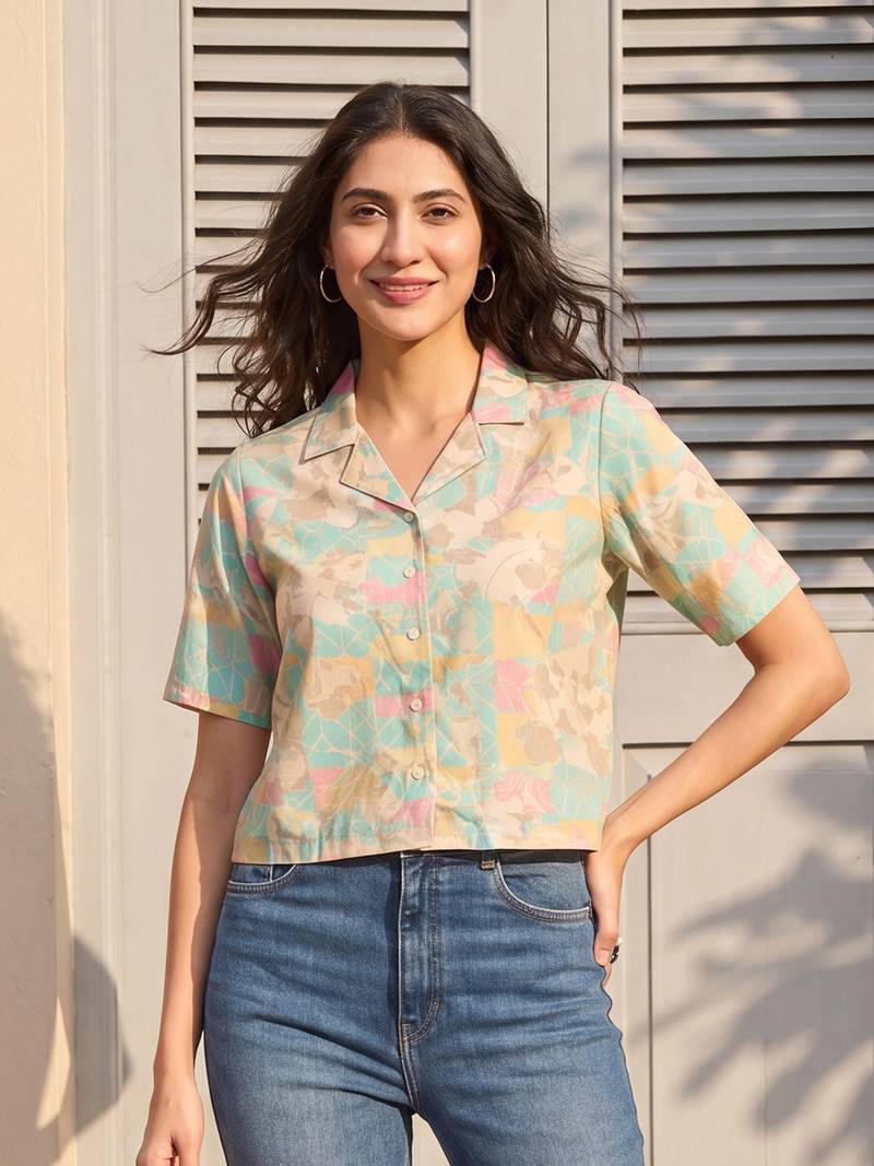 Women multi cotton blend abstract printed crop shirt style top
