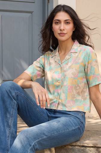 Women multi cotton blend abstract printed crop shirt style top
