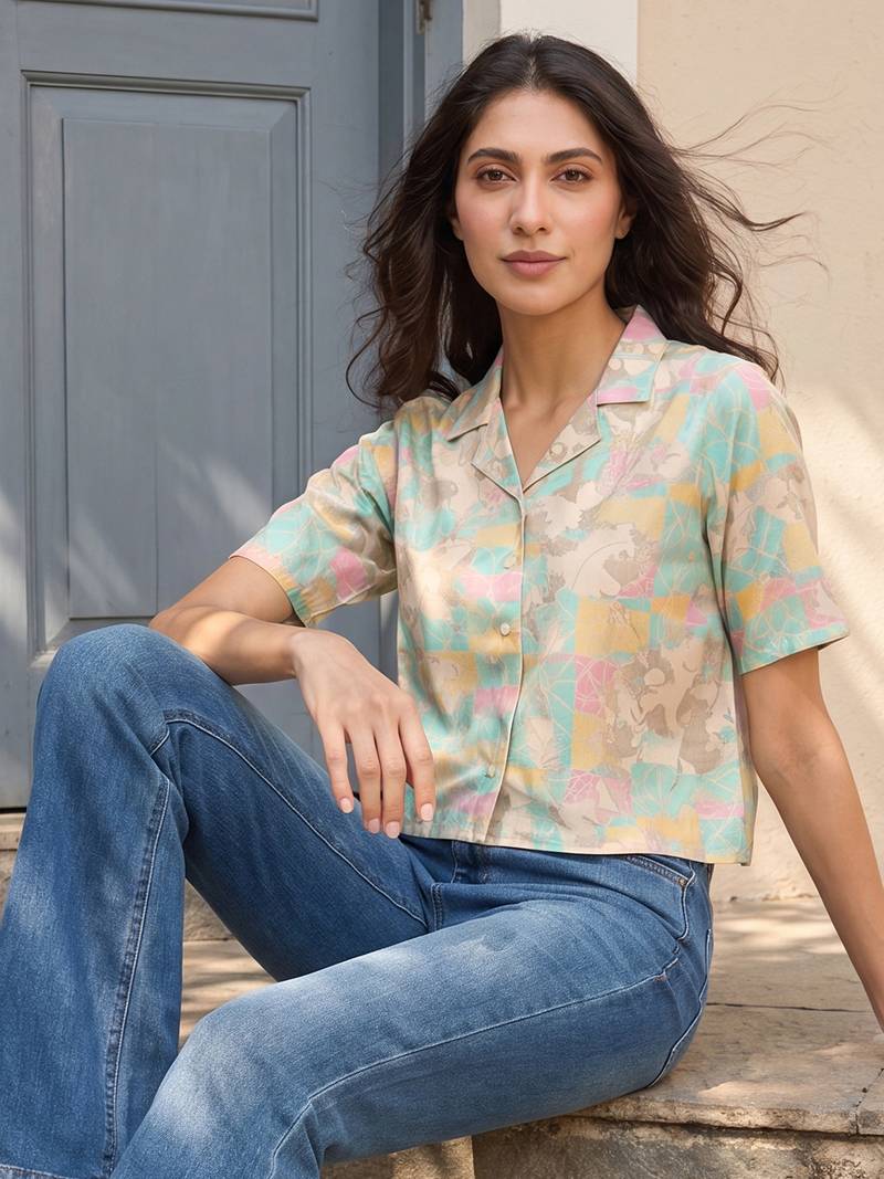 Women multi cotton blend abstract printed crop shirt style top