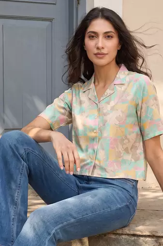 Women multi cotton blend abstract printed crop shirt style top
