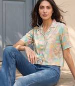 Women multi cotton blend abstract printed crop shirt style top