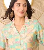 Women multi cotton blend abstract printed crop shirt style top