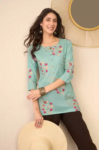 Women blue cotton blend floral printed regular top