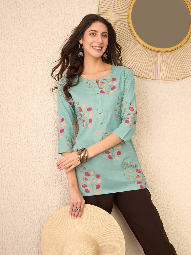 Women blue cotton blend floral printed regular top