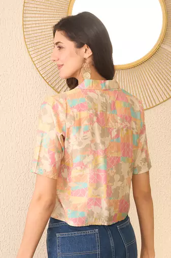 Women multi cotton blend abstract printed crop shirt style top