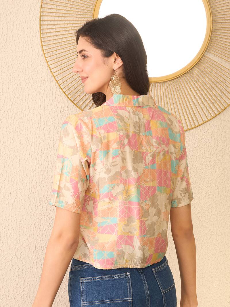 Women multi cotton blend abstract printed crop shirt style top