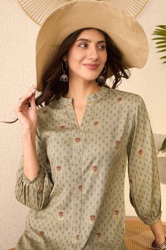 Women grey cotton blend floral printed regular top