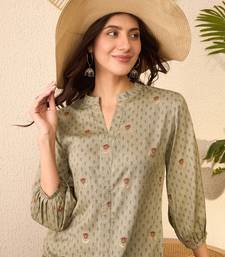 Women grey cotton blend floral printed regular top