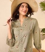 Women grey cotton blend floral printed regular top