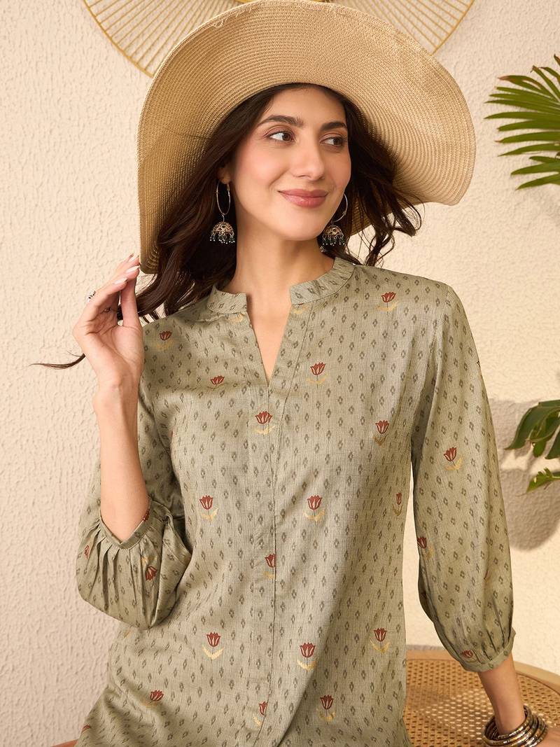 Women grey cotton blend floral printed regular top