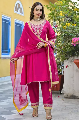 Women pink silk blend solid embroidered anarkali kurta salwar with dupatta
