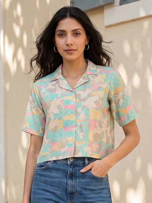 Women multi cotton blend abstract printed crop shirt style top 2