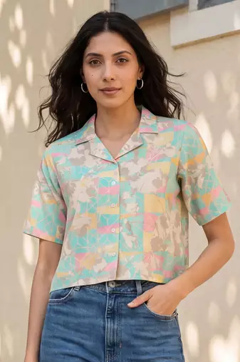 Women multi cotton blend abstract printed crop shirt style top