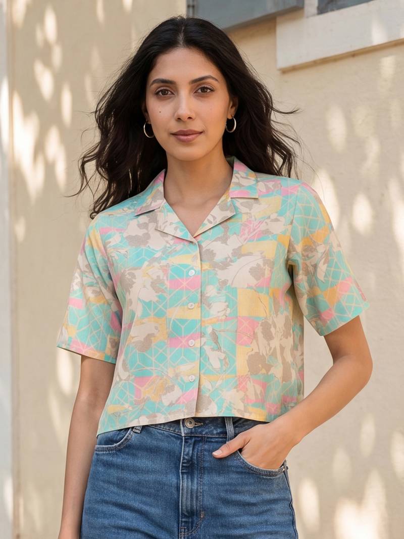 Women multi cotton blend abstract printed crop shirt style top