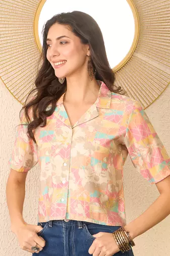 Women multi cotton blend abstract printed crop shirt style top