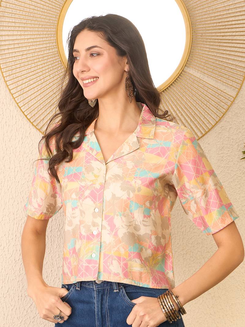 Women multi cotton blend abstract printed crop shirt style top