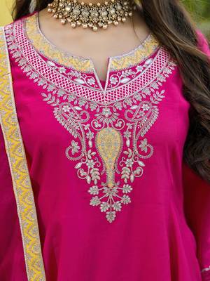 Women pink silk blend solid embroidered anarkali kurta salwar with dupatta 5