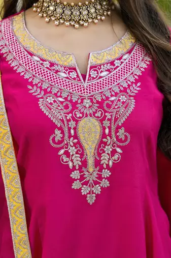 Women pink silk blend solid embroidered anarkali kurta salwar with dupatta