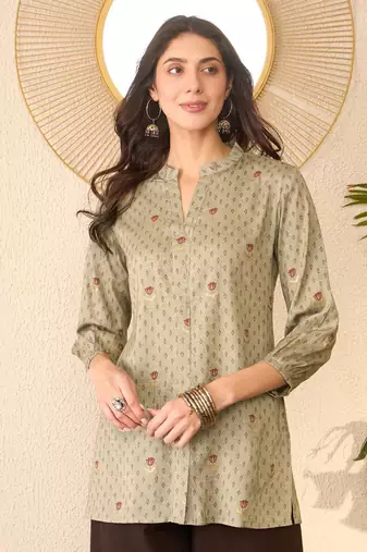 Women grey cotton blend floral printed regular top