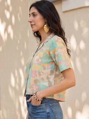 Women multi cotton blend abstract printed crop shirt style top 3