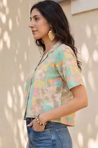 Women multi cotton blend abstract printed crop shirt style top