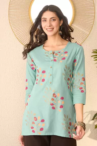 Women blue cotton blend floral printed regular top