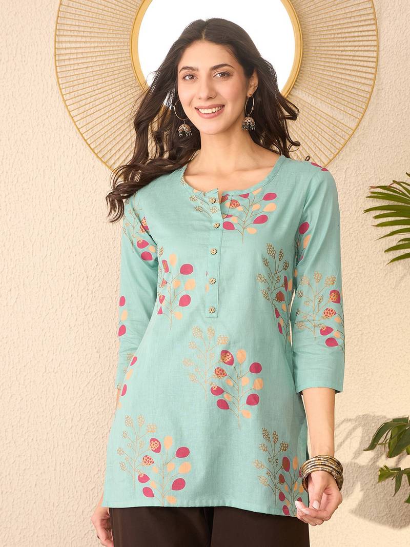 Women blue cotton blend floral printed regular top