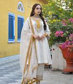 Women off white silk blend solid embroidered anarkali kurta salwar with dupatta