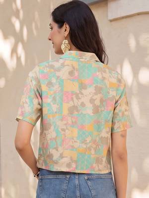Women multi cotton blend abstract printed crop shirt style top 4