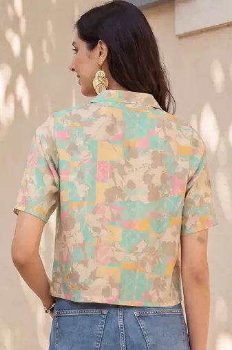 Women multi cotton blend abstract printed crop shirt style top