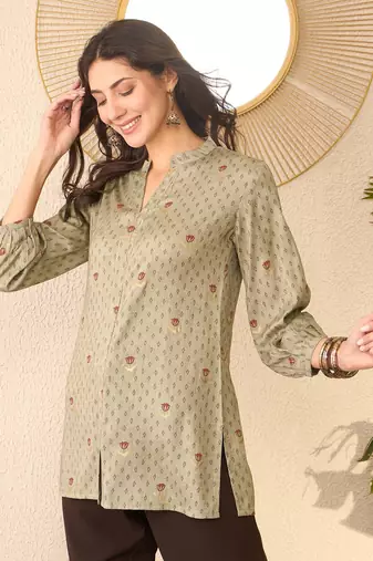 Women grey cotton blend floral printed regular top