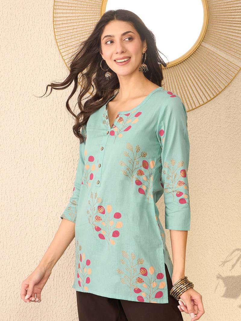 Women blue cotton blend floral printed regular top