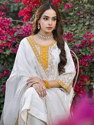 Women off white silk blend solid embroidered anarkali kurta salwar with dupatta 2