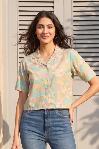 Women multi cotton blend abstract printed crop shirt style top