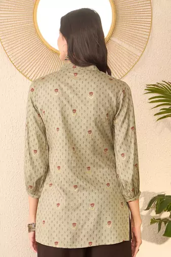 Women grey cotton blend floral printed regular top