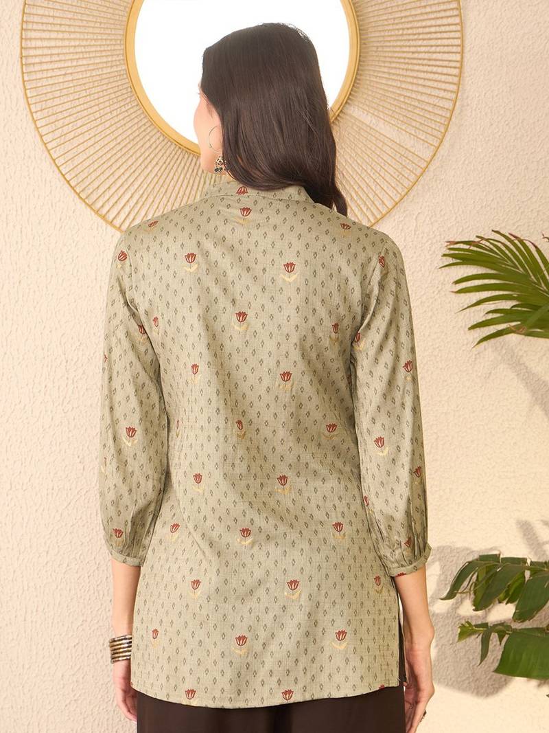 Women grey cotton blend floral printed regular top