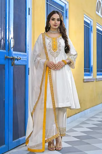 Women off white silk blend solid embroidered anarkali kurta salwar with dupatta