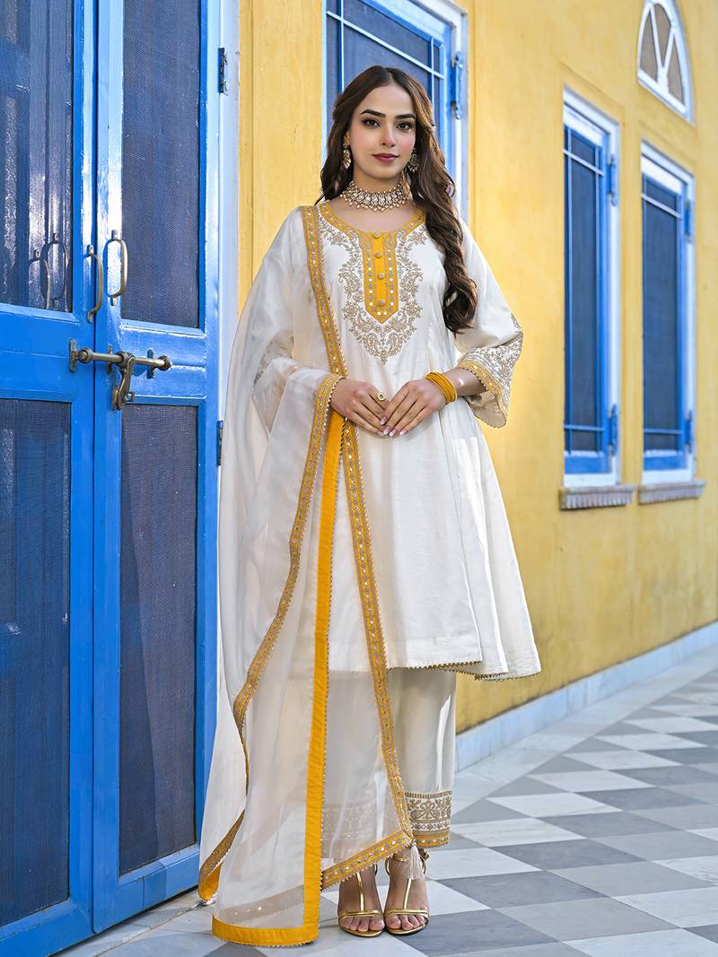 Women off white silk blend solid embroidered anarkali kurta salwar with dupatta