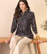 Women navy blue cotton blend floral printed regular top