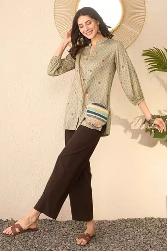 Women grey cotton blend floral printed regular top