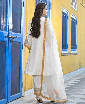 Women off white silk blend solid embroidered anarkali kurta salwar with dupatta 4