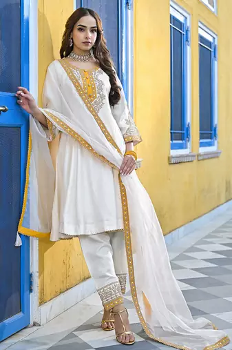 Women off white silk blend solid embroidered anarkali kurta salwar with dupatta