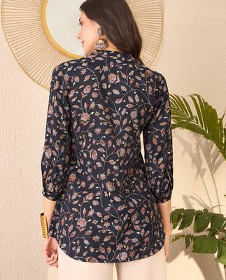 Women navy blue cotton blend floral printed regular top 4