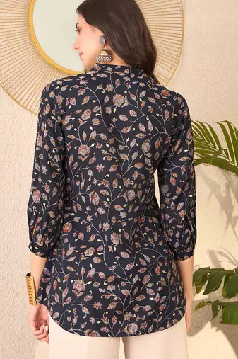 Women navy blue cotton blend floral printed regular top